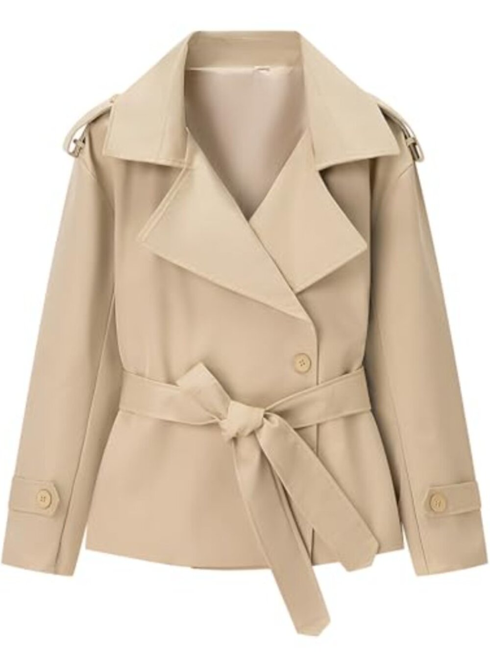 Women's Oversized Cropped Trench Coat, Double Breasted Belted Lapel Jacket No